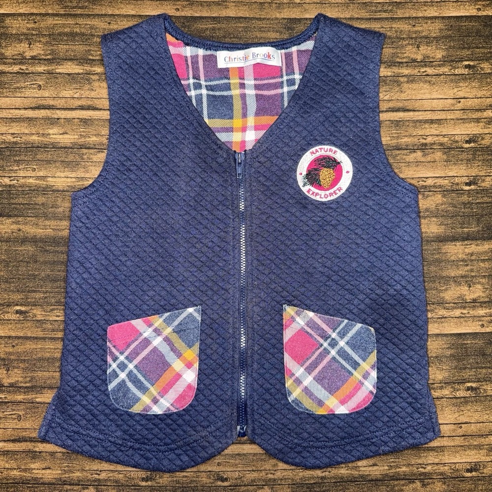 Christie Brooks Vest Girls M (5-6) Blue Vintage Nature Explorer Quilt